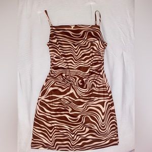 Brown Patterned Satin Cocktail Dress